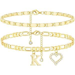 Initial Ankle Bracelets for Women Waterproof 14K Gold Plated Dainty Layered Figa